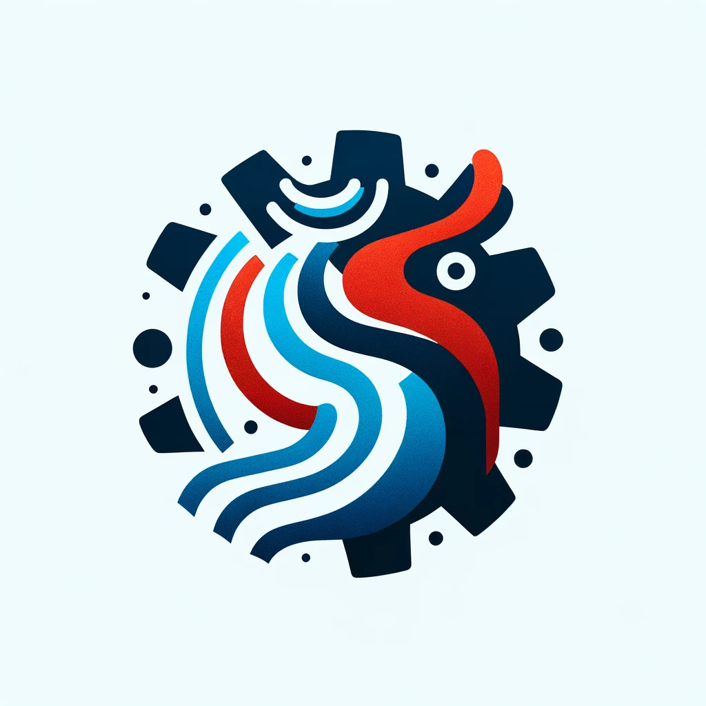 Skabaco Born — the official emblem: a stylised letter S formed from flowing blue currents, a red central band, a green leaf and a dark navy gear silhouette, on a light background.