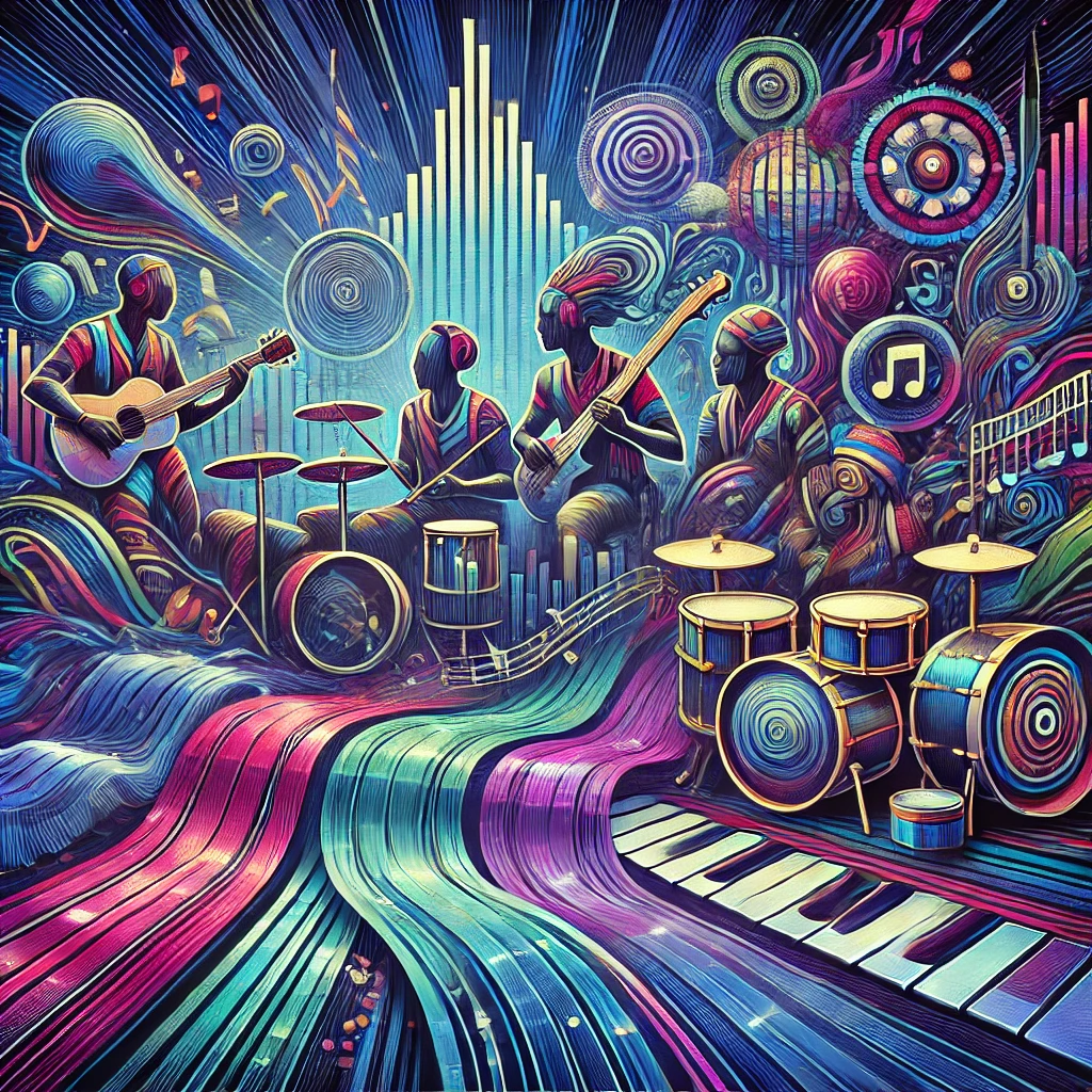 Skabaco Echoes — a vibrant surreal composition of stylised musicians with guitars and drums, wave patterns, saturated blues, magentas and greens flowing into an abstract landscape.